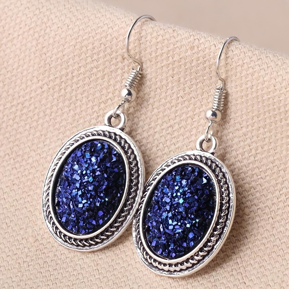 Silver & Navy Blue Glitter Oval Drop Earrings - Picture 2 of 4